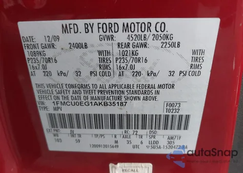 2010 Ford Escape Limited из США, поврежденный, VIN 1FMCU0EG1AKB35187